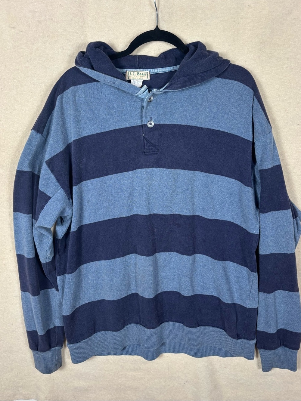Vintage L.L.Bean USA Blue Striped Hooded Rugby Sweatshirt Men’s Large 100% Cotto